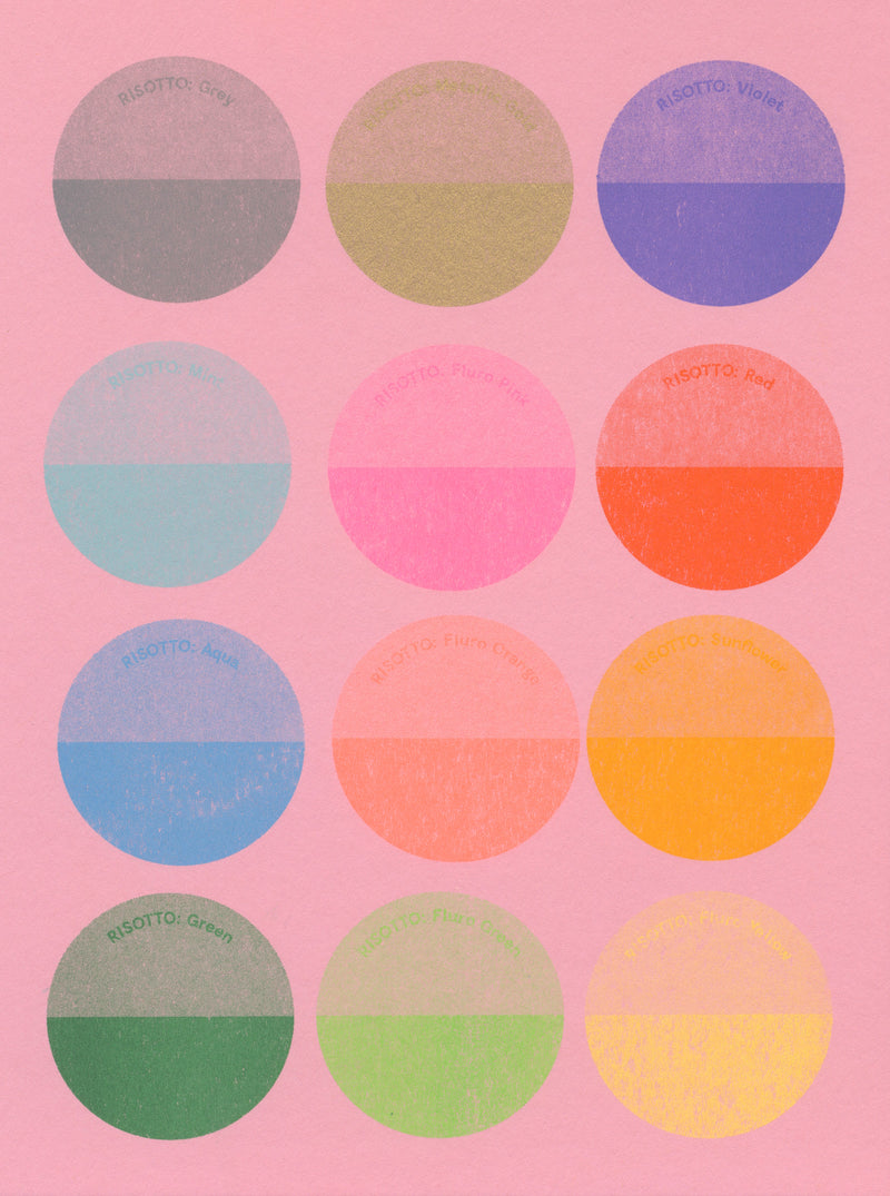 Riso Ink Spot Colours on Colorset Pink Ice Paper