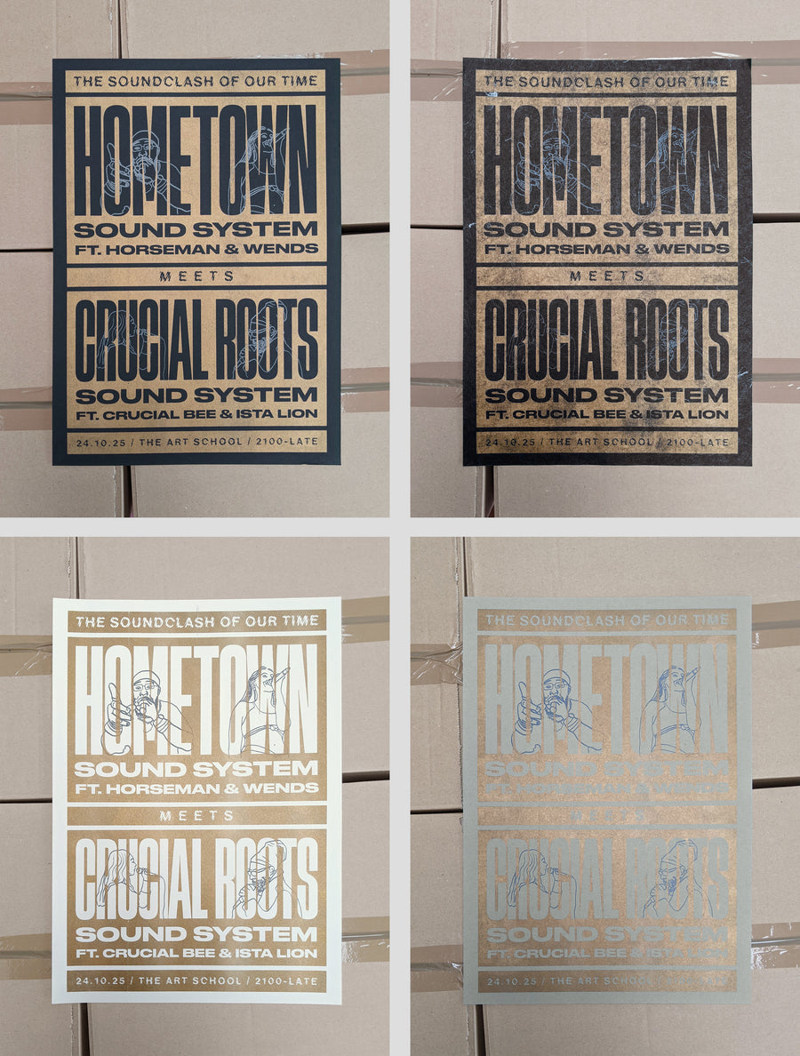 James Whelan poster printed in Metallic gold and Grey riso inks, onto four papers: colorset Nero (black), Black Indian Tinsel handmade paper, Context Sage, and Context Natural White