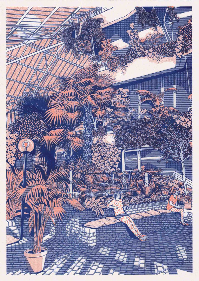 Riso Print by Risotto Studio printed on Cyclus paper using Fluorescent Orange, Medium Blue ink