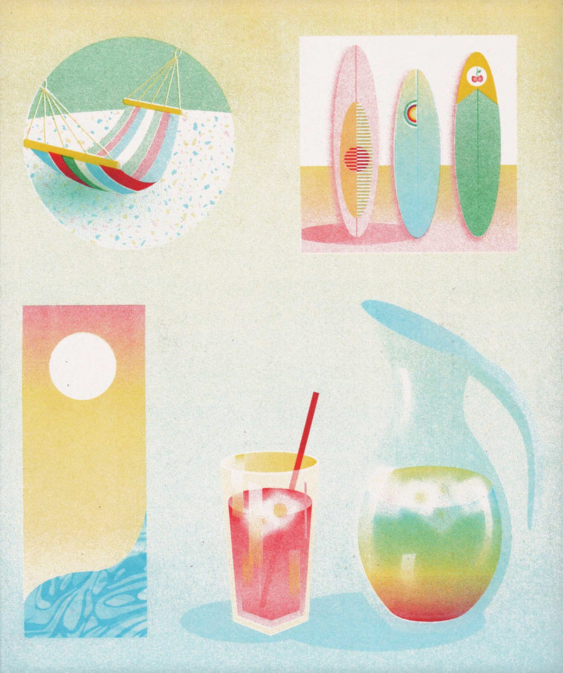 Riso Print by Risotto Studio printed on Cyclus paper using Red, Yellow, Green, Aqua Blue ink