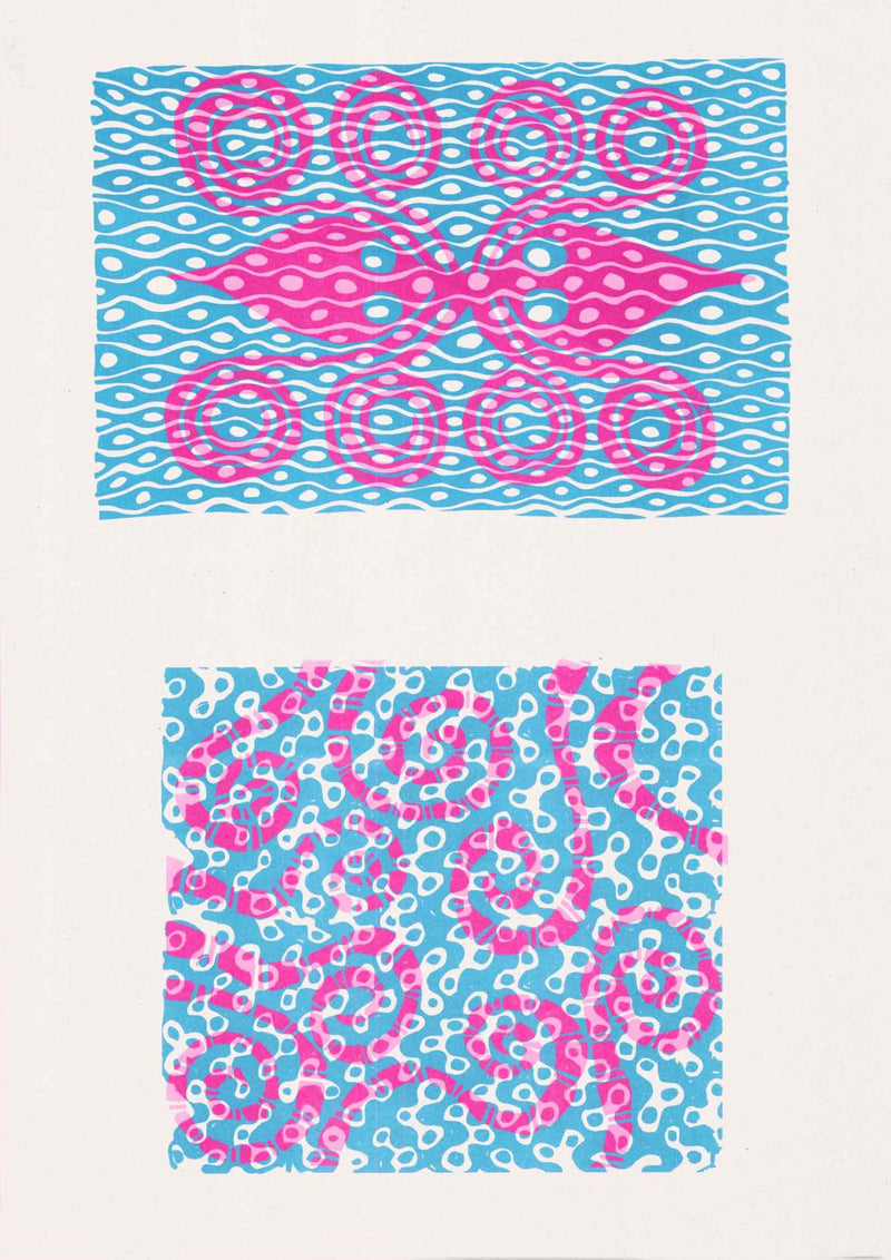 Riso Print by Risotto Studio printed on Cyclus paper using Aqua Blue, Fluorescent Pink ink