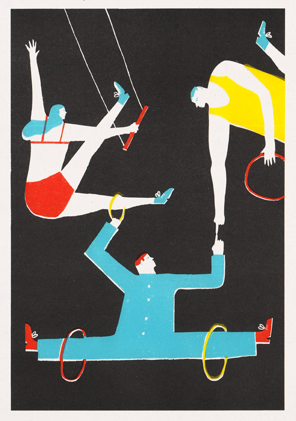 Riso Print by Max Machen printed on Cyclus Offset paper using Yellow, Red, Aqua Blue, Black ink