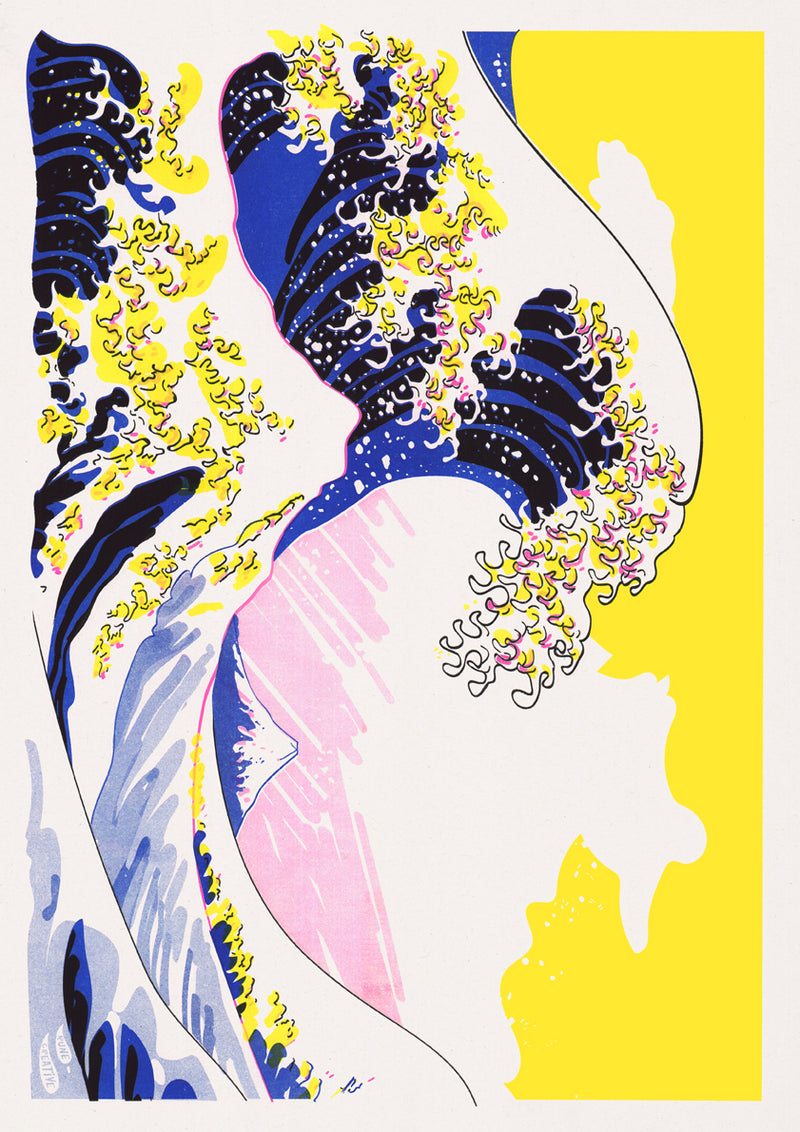 Riso Print by Pip Claffey printed on Cyclus Offset paper using Yellow, Fluorescent Pink, Medium Blue, Black ink