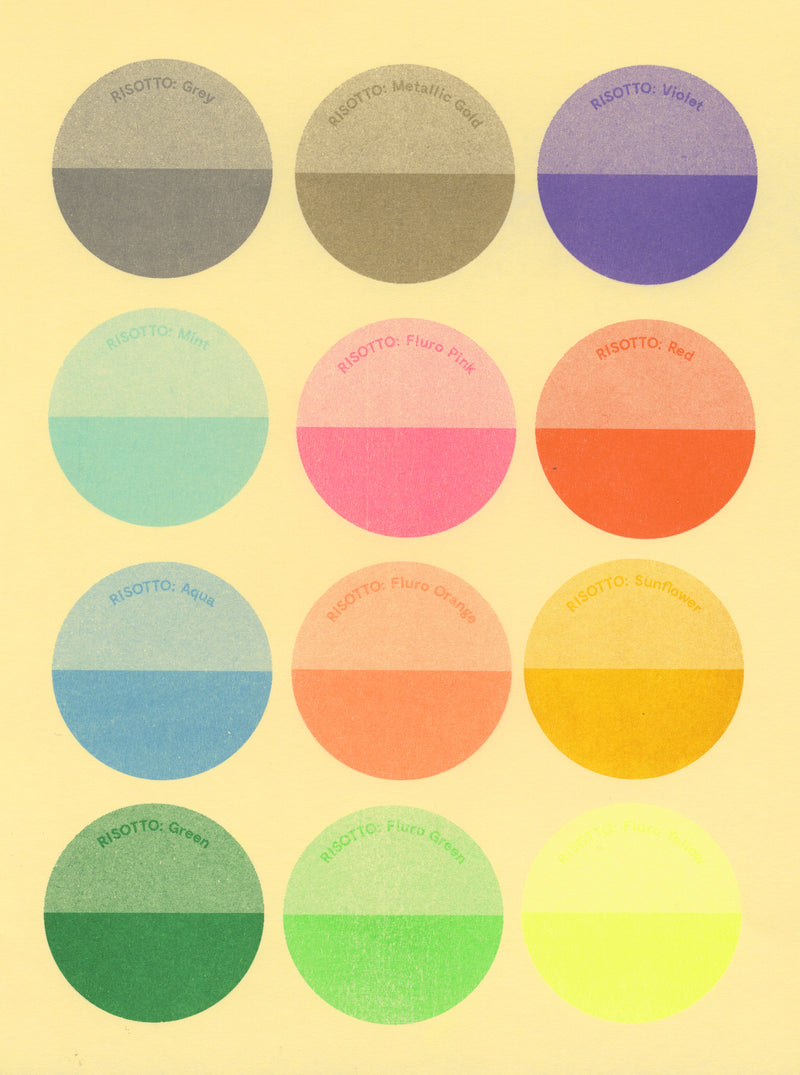 Riso Ink Spot Colours on Chamois Yellow Paper