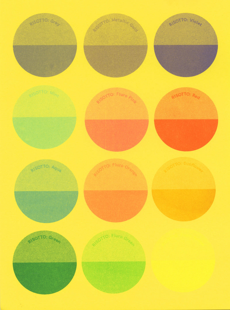 Riso Ink Spot Colours on Bright Yellow Paper