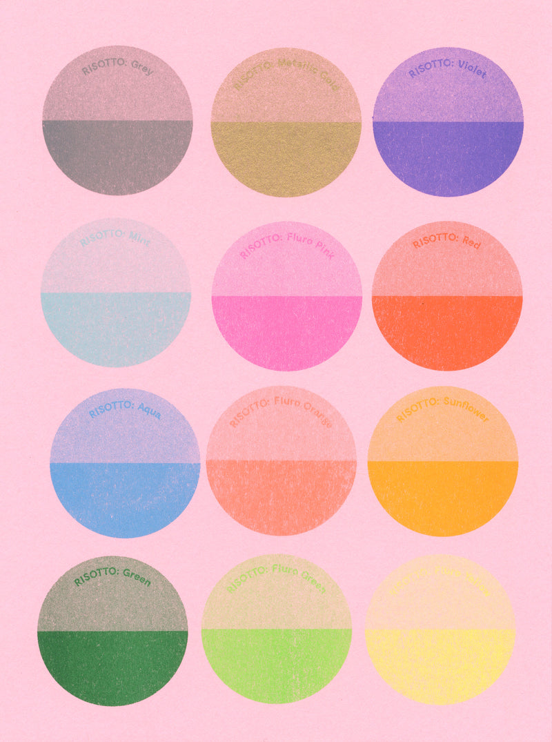 Riso Ink Spot Colours on PInk Paper
