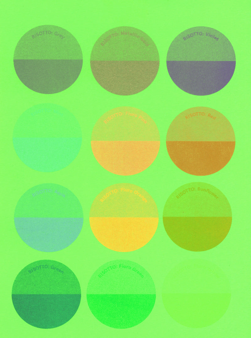 Riso Ink Spot Colours on Fluro Green Paper