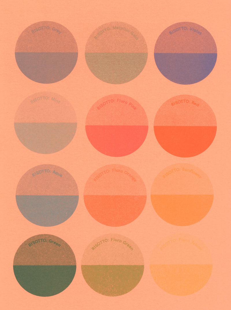 Riso Ink Spot Colours on Fluro Orange Paper
