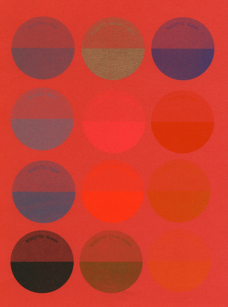 Riso Ink Spot Colours on Red Paper