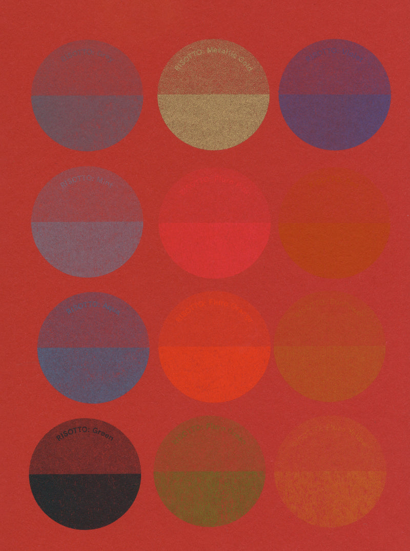 Riso Ink Spot Colours on Colorset Bright Red Paper