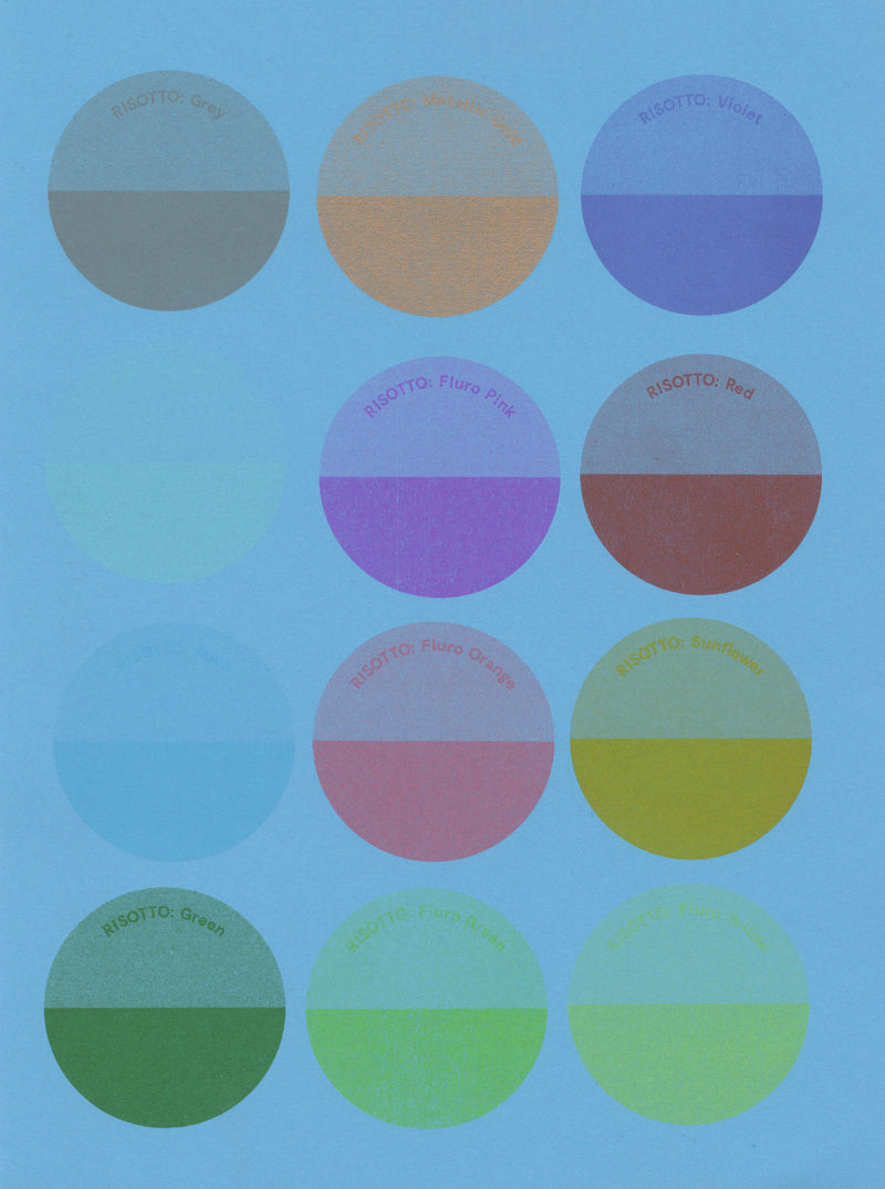 Riso Ink Spot Colours on Blue Paper