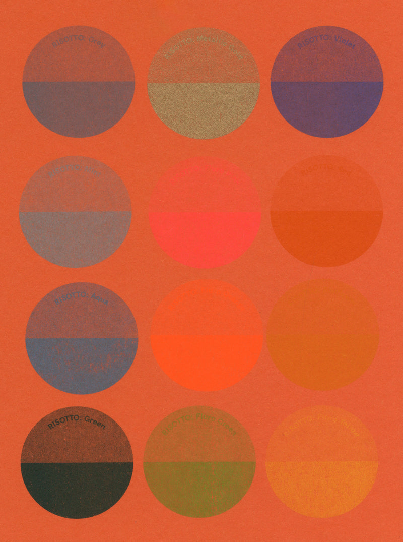 Riso Ink Spot Colours on Orange Paper