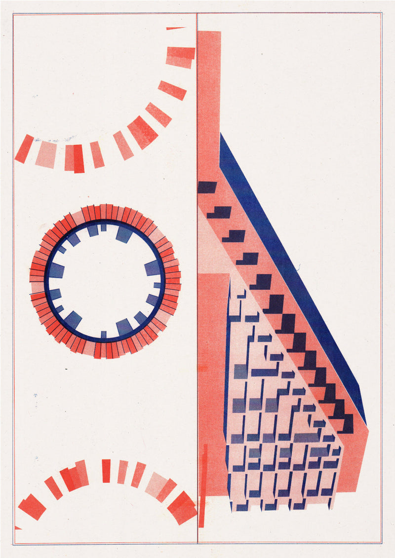 Riso Print by Risotto Studio printed on Cyclus Offset paper using Orange, Medium Blue ink