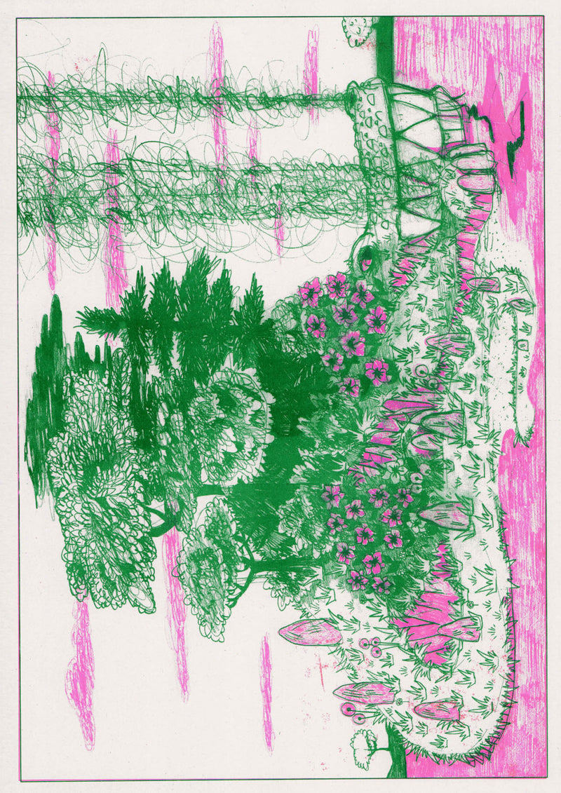 Riso Print by Risotto Studio printed on Cyclus Offset paper using Fluro Pink, Green ink