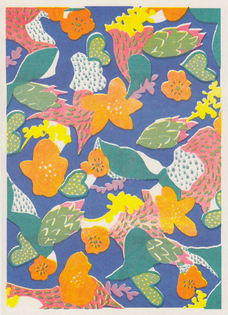 Riso Print by Jo Faulkner printed on Cyclus Offset paper using Medium Blue, Red, Yellow, Teal ink
