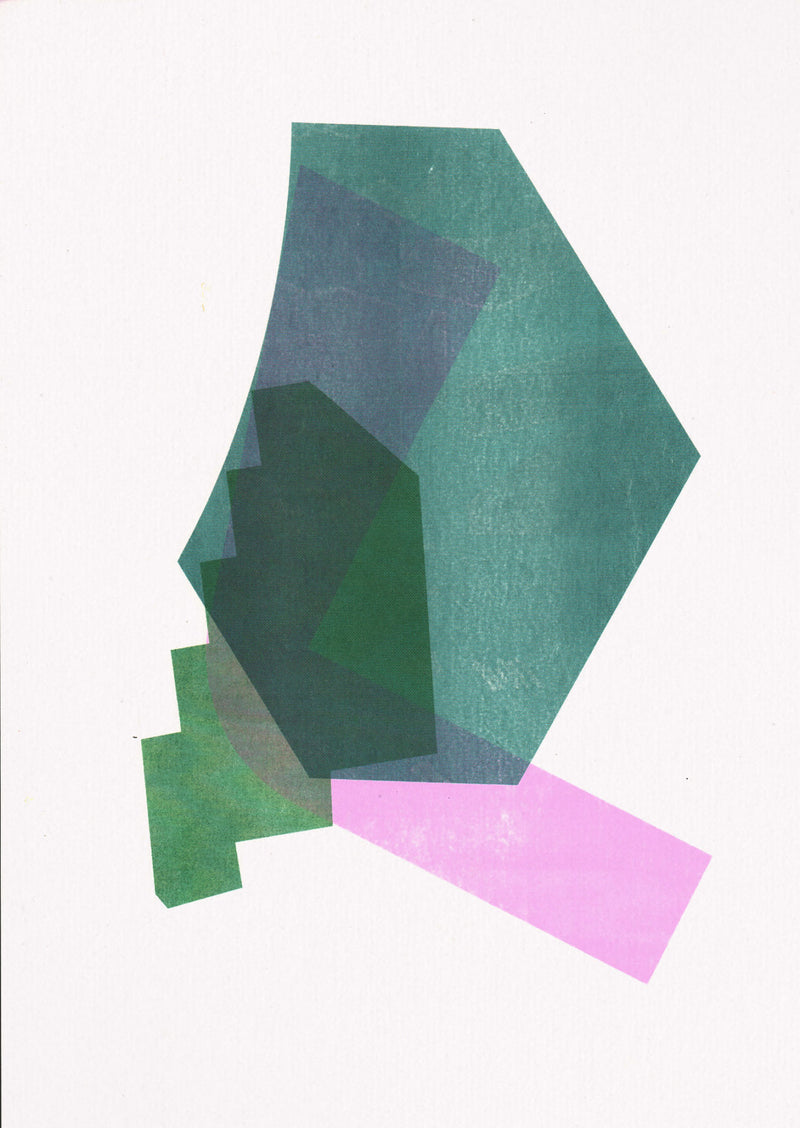 Riso Print by Risotto Studio printed on Cairn White paper using Teal, Green, Fluro Pink ink