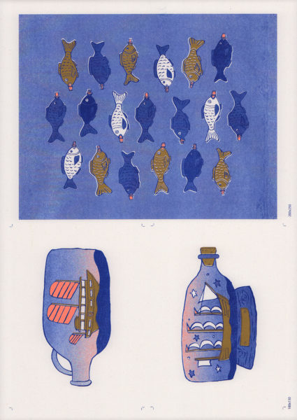 Riso Print by Kimberly Carpenter printed on Cyclus paper using Metallic Gold, Medium Blue, Fluorescent Orange ink