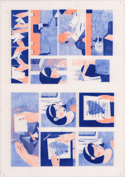 Riso Print by Risotto Studio printed on Cyclus paper using Medium Blue, Fluorescent Orange ink