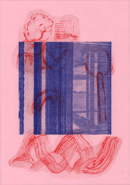 Riso Print by Hannah printed on Pink paper using Bright Red, Medium Blue ink