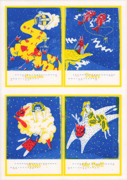 Riso Print by Risotto Studio printed on Cyclus paper using Medium Blue, Bright Red, Yellow ink