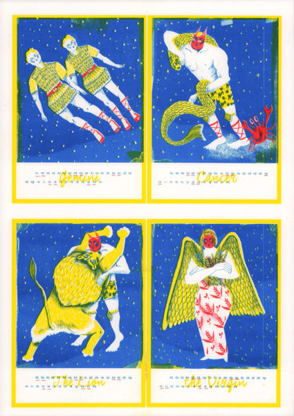 Riso Print by Risotto Studio printed on Cyclus paper using Medium Blue, Bright Red, Yellow ink