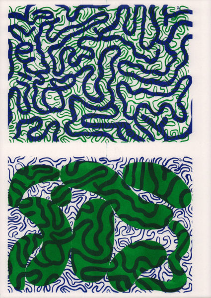 Riso Print by Risotto Studio printed on Cyclus paper using Medium Blue, Green ink