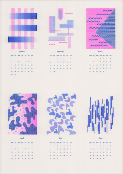 Riso Print by Risotto Studio printed on Cyclus paper using Medium Blue, Fluorescent Pink ink