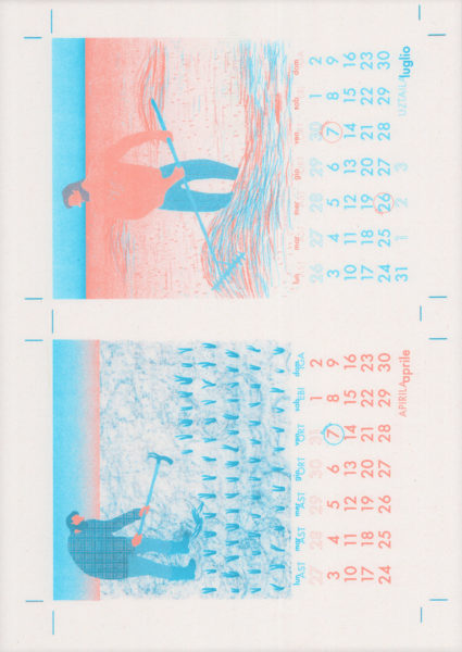 Riso Print by Mari Campistron printed on Cyclus paper using Aqua Blue, Fluorescent Orange ink