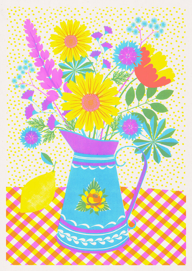 Riso Print by Vicki Johnson printed on Cyclus Offset paper using Aqua Blue, Yellow, Fluorescent Pink ink
