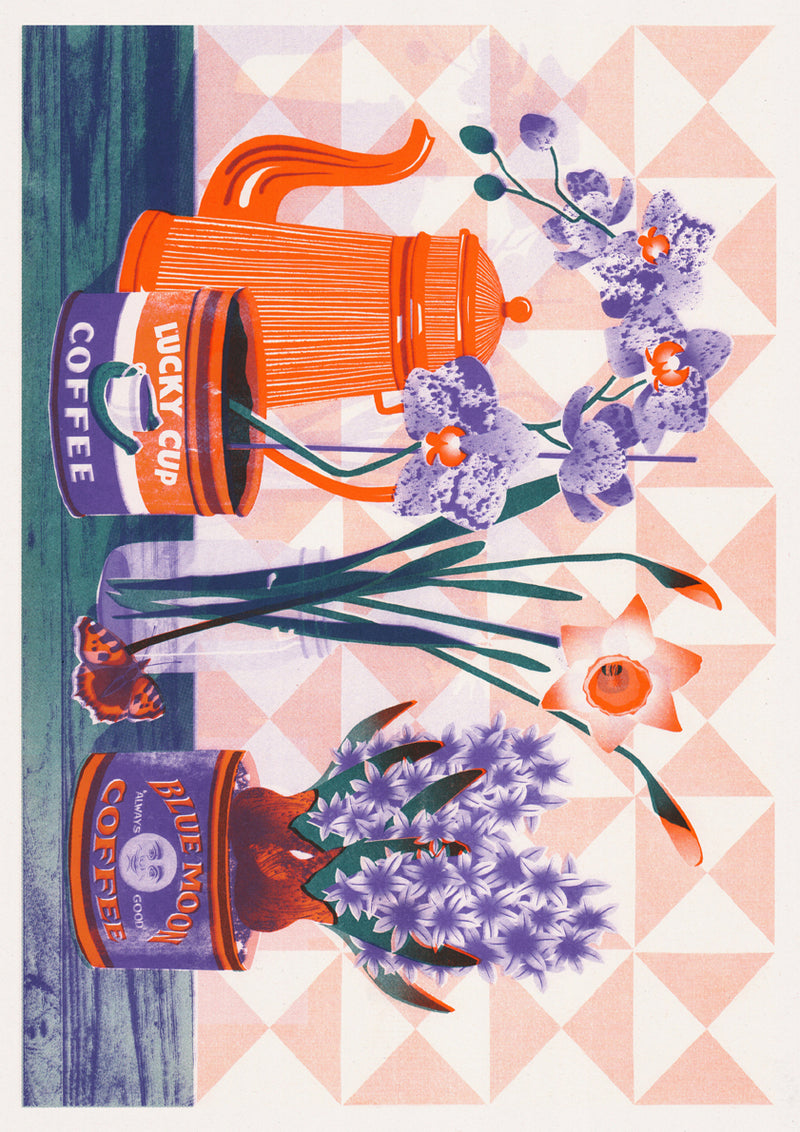 Riso Print by Vicki Johnson printed on Cyclus Offset paper using Orange. Teal, Violet ink