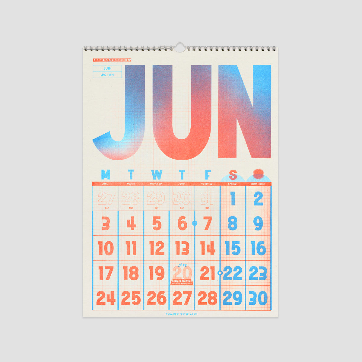 RISOTTO 2025 Calendar A3 Risograph Wall Hanger Printed in Scotland